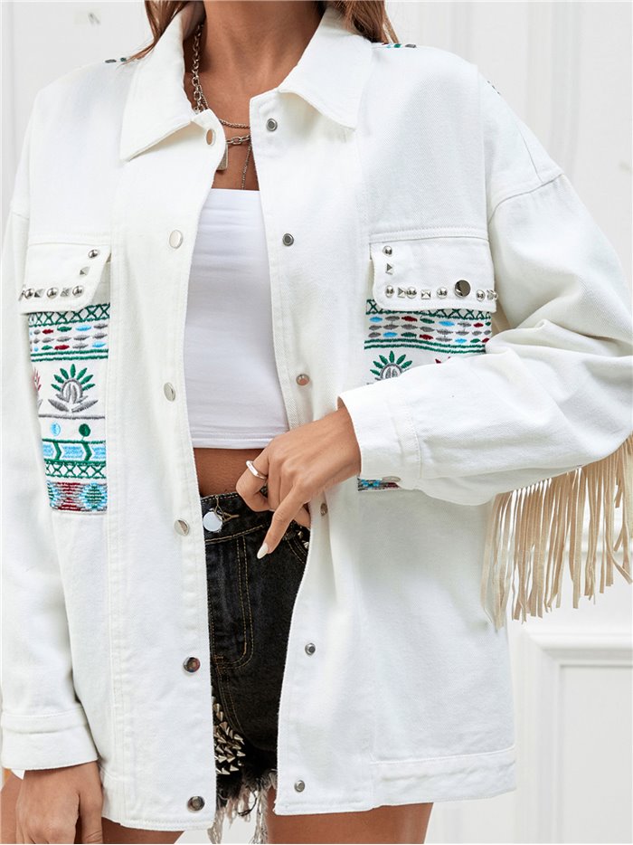 Embroidered denim jacket with fringing blanco (S-XL)