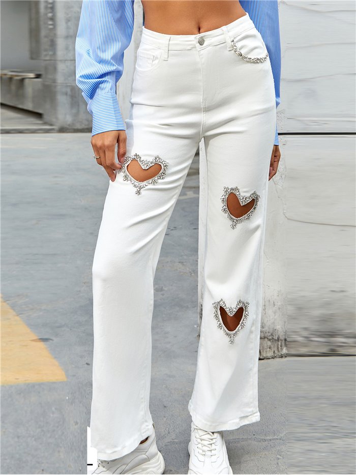 High waist straight jeans with rhinestone blanco (XS-XL)