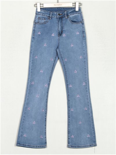 Jeans flare bordado tiro alto azul (XS-XL)