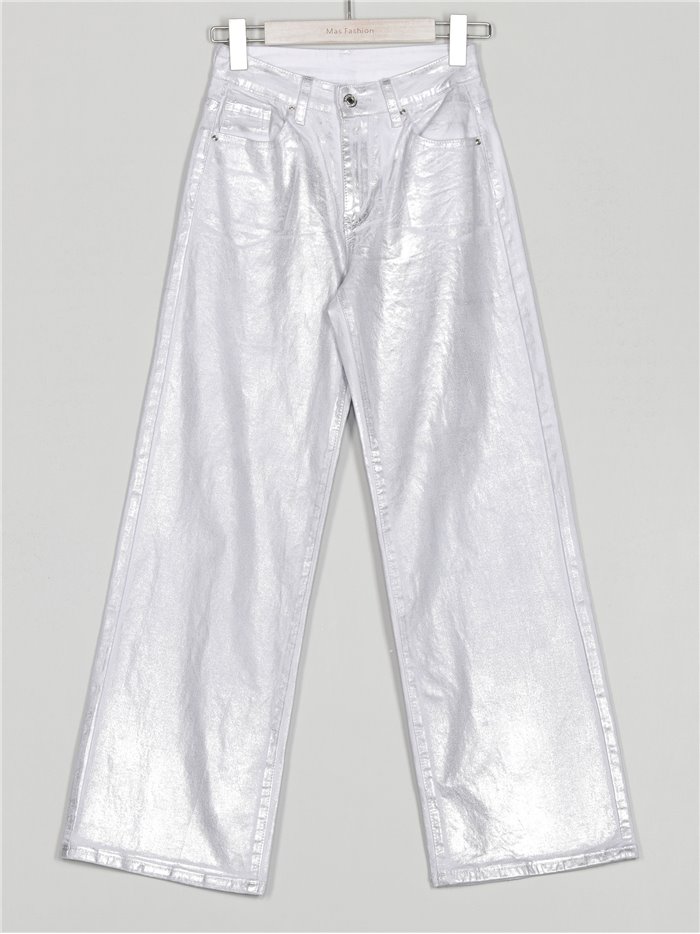 Jeans rectos metalizados tiro alto plata (S-XXL)