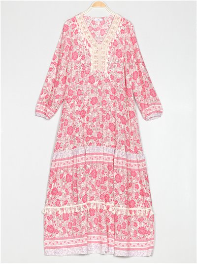 Maxi floral print dress beis-fucsia