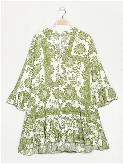 Oversized floral dress with ruffles verde