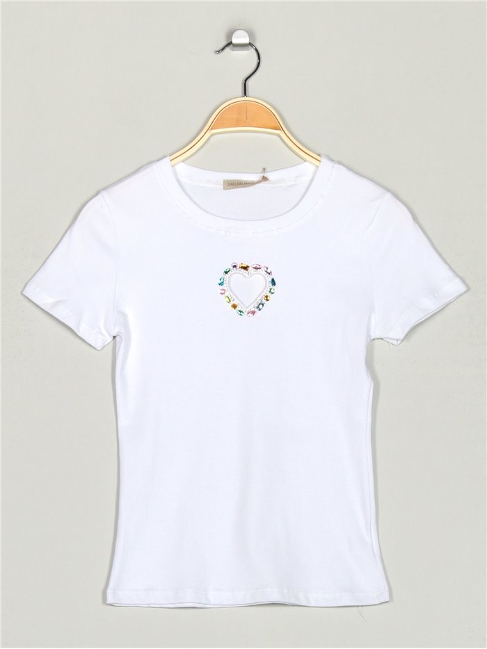 Heart t-shirt with rhinestone blanco