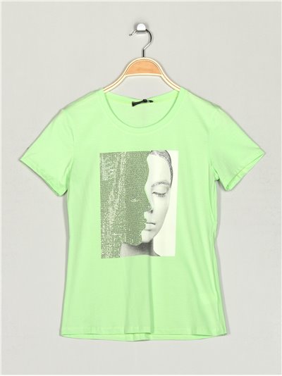 Camiseta contraste strass verde-manzana