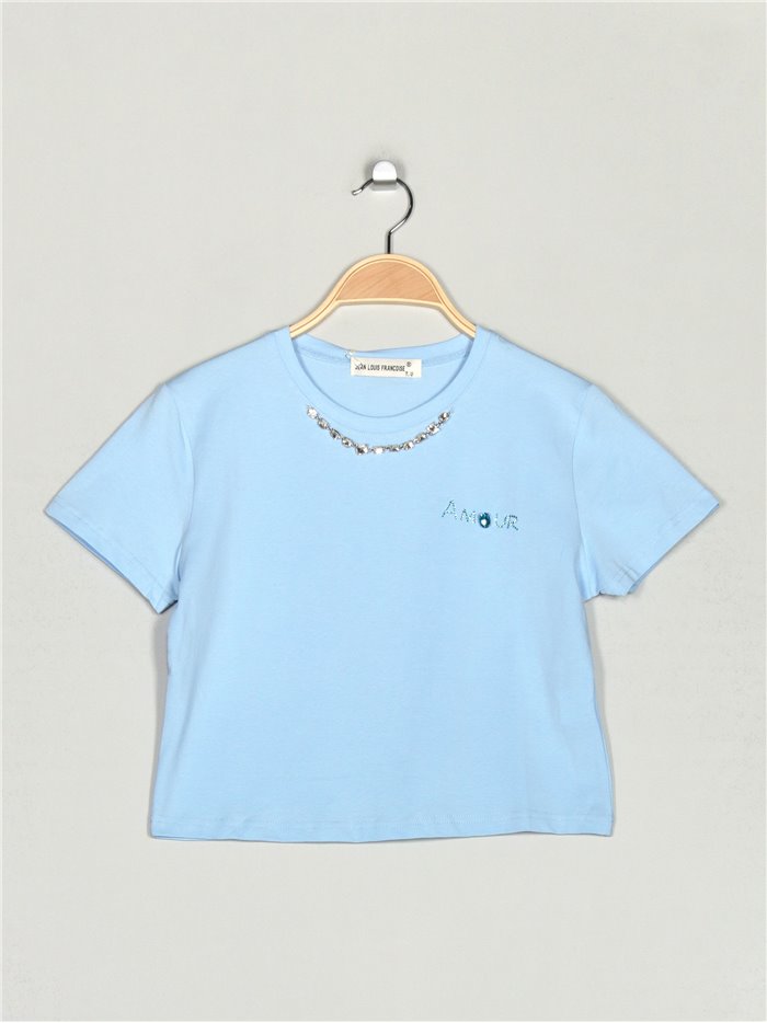 Camiseta amour pedrería azul-claro