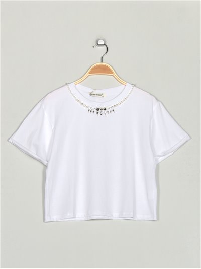Cropped t-shirt with rhinestone blanco