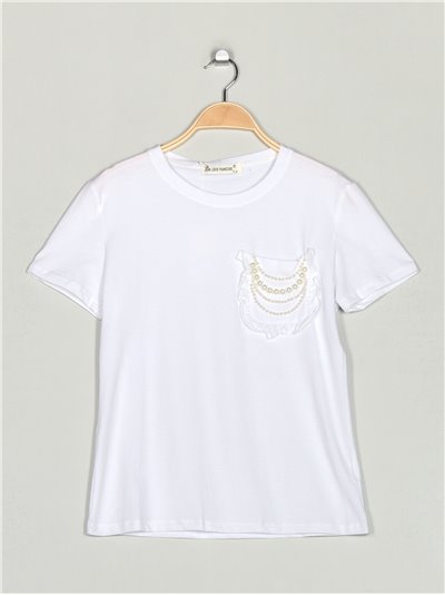 Camiseta bolsillo perlas blanco