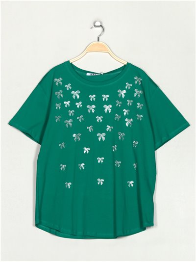 Camiseta lazos strass talla grande verde-hierba
