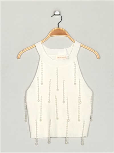 Knit cropped top with pearl beads blanco
