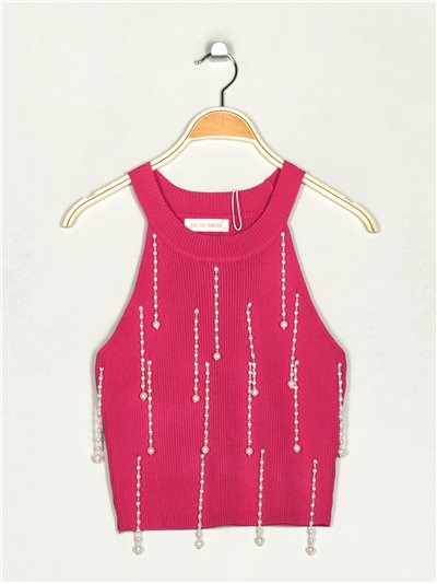 Knit cropped top with pearl beads fucsia