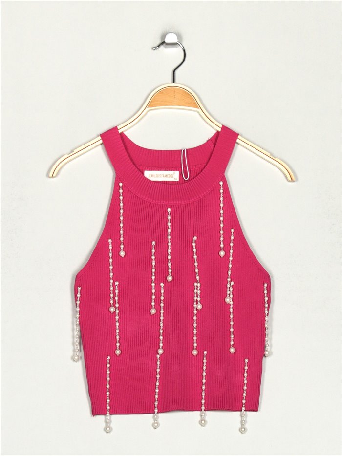 Knit cropped top with pearl beads fucsia