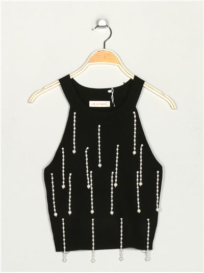 Knit cropped top with pearl beads negro