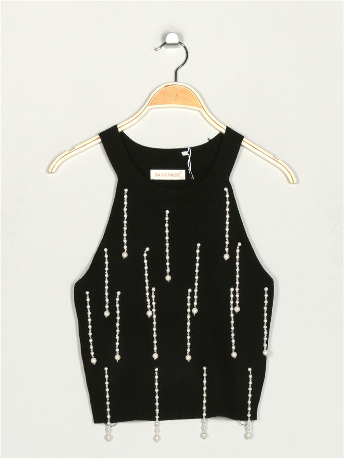 Knit cropped top with pearl beads negro