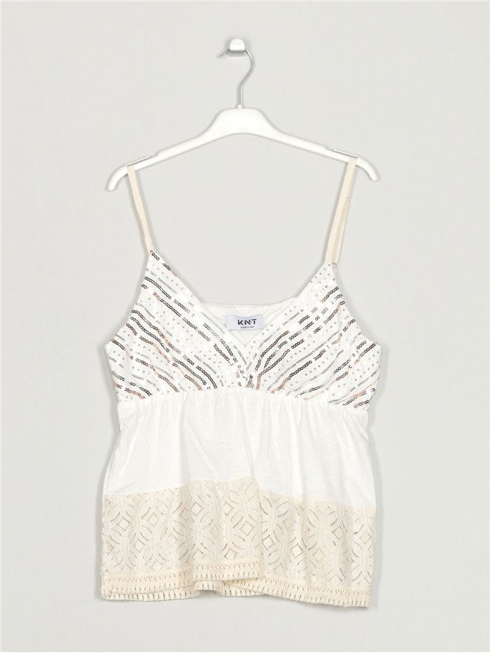 Lace top with sequins blanco