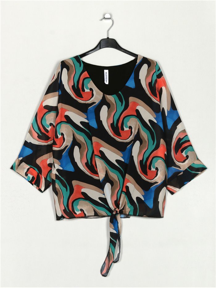 Printed blouse with knots negro
