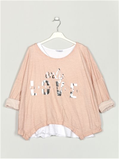 Camiseta oversize texto + top rosa-claro