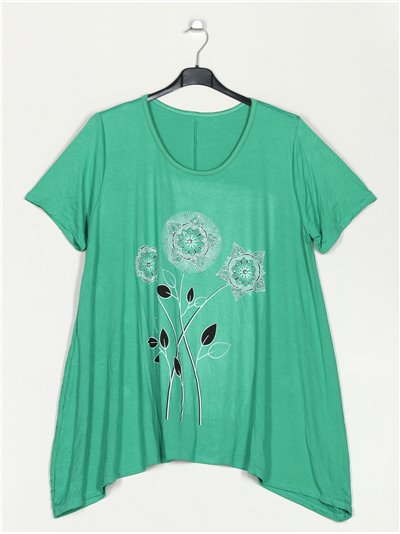 Camiseta flores talla grande verde-hierba