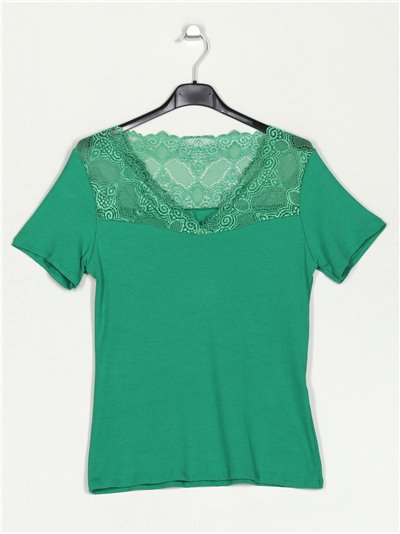 Ribbed T-shirt with lace verde-hierba