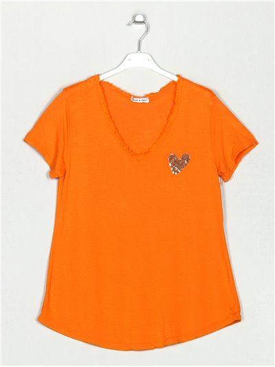Camiseta corazón lentejuelas naranja