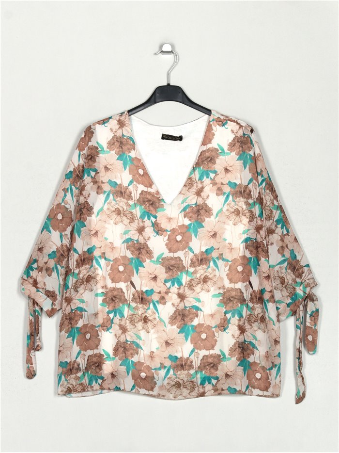 Floral blouse with bows beis