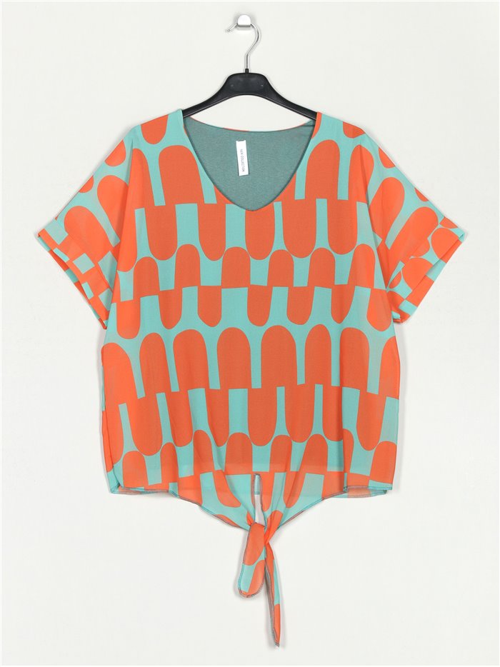 Printed blouse with knot naranja