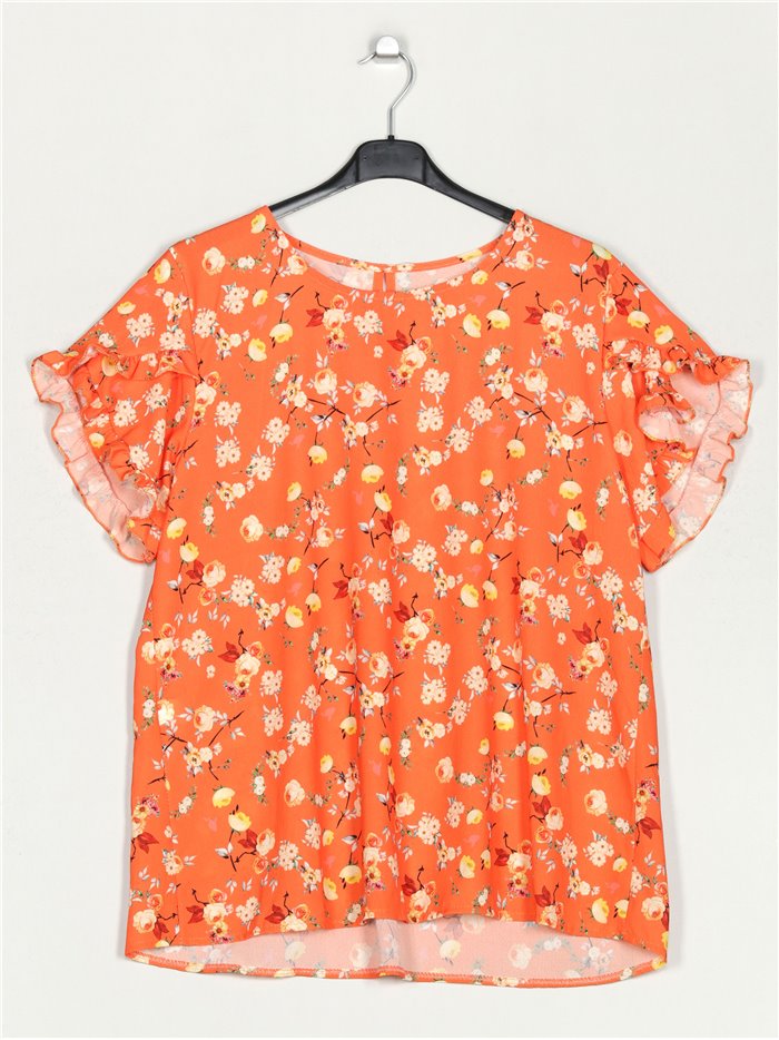 Blusa floral manga volantes naranja