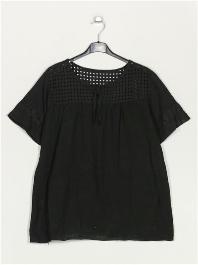 Die-cut linen effect blouse negro