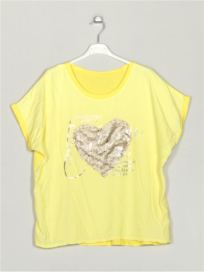 Camiseta corazón lentejuelas amarillo