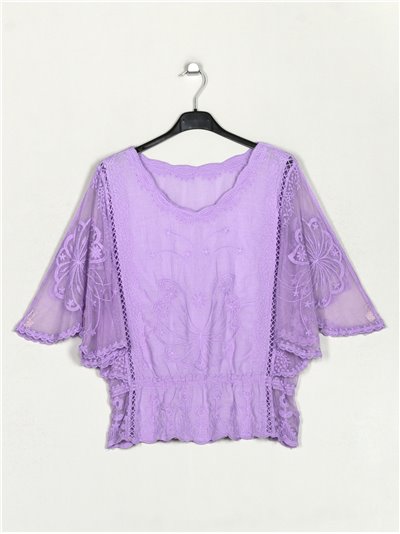 Tulle sleeve lace blouse lila