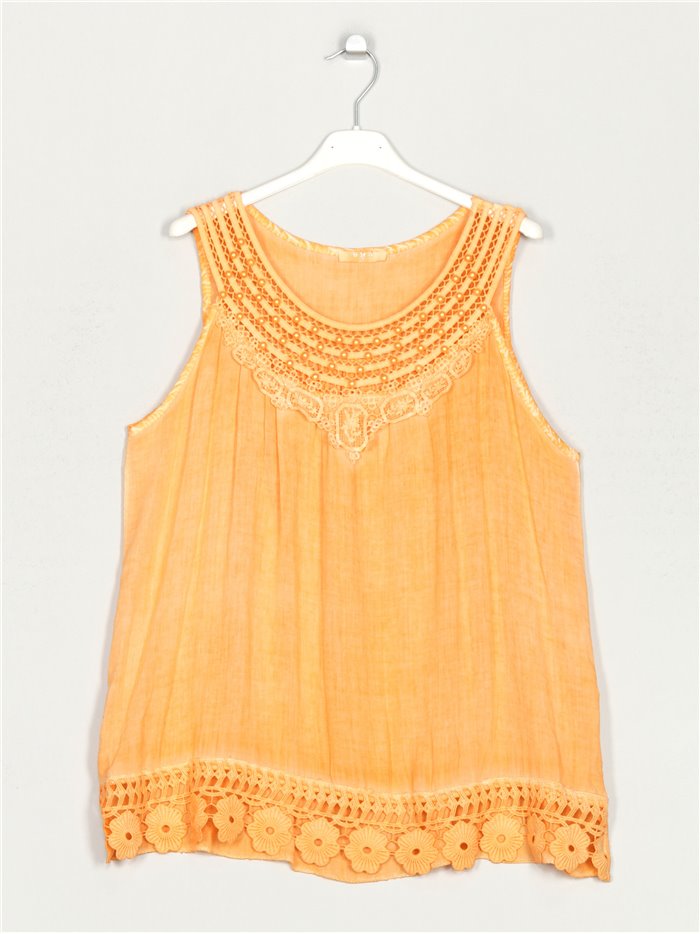 Faded-effect blouse with guipure naranja