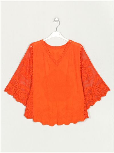 Embroidered blouse with lace naranja