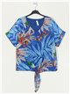 Leaves printed blouse with knot azulon