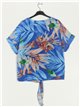 Leaves printed blouse with knot azulon