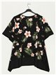 Plus size flowing blouse negro-flores-rosas