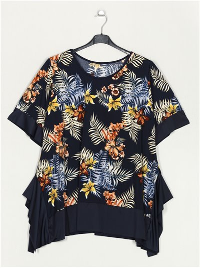 Plus size flowing blouse marino-multi-hojas