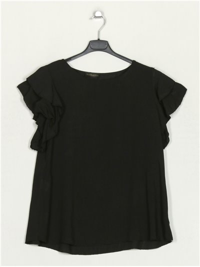 Linen effect blouse with ruffle trims negro