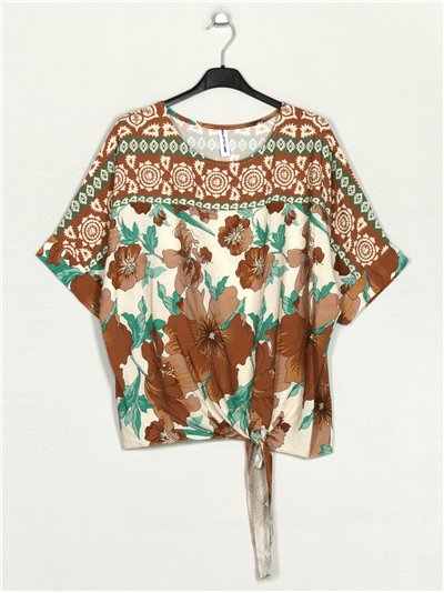 Oversized floral blouse with knots camel