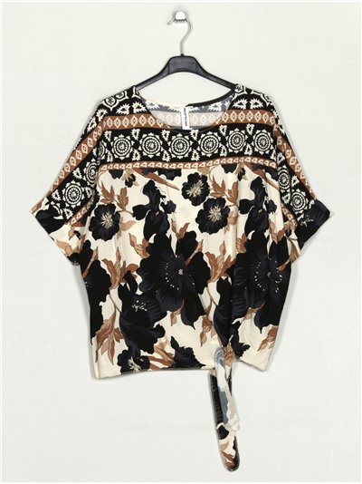 Oversized floral blouse with knots negro