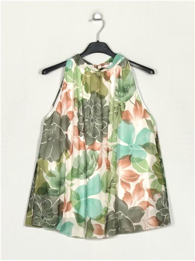 Floral blouse with lace up back verde-militar