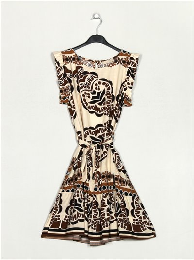 Printed dress with ruffle trims marron