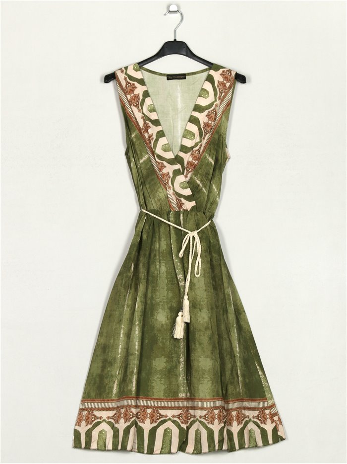 Printed dress with tassels verde-militar