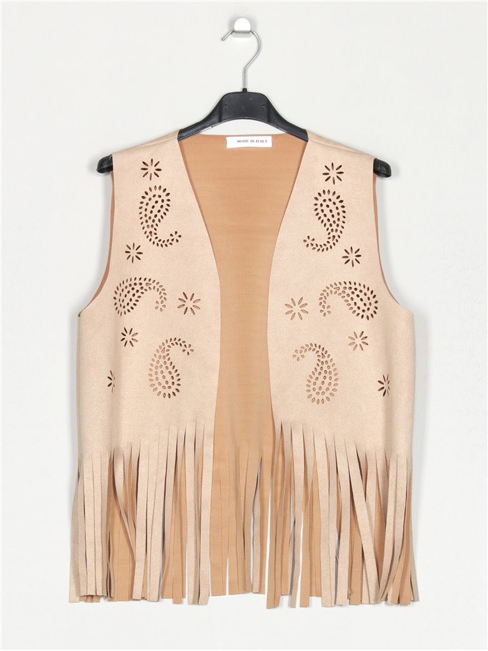 Fringed faux suede waistcoat camel
