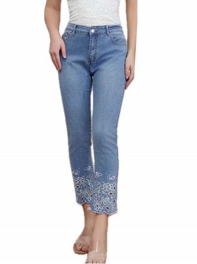 Jeans flores bordadas tiro alto azul (S-XXL)