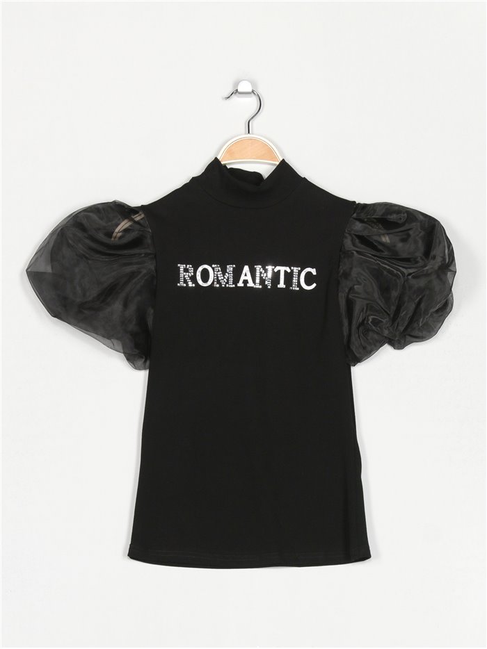 Tulle sleeve romantic t-shirt negro-plata