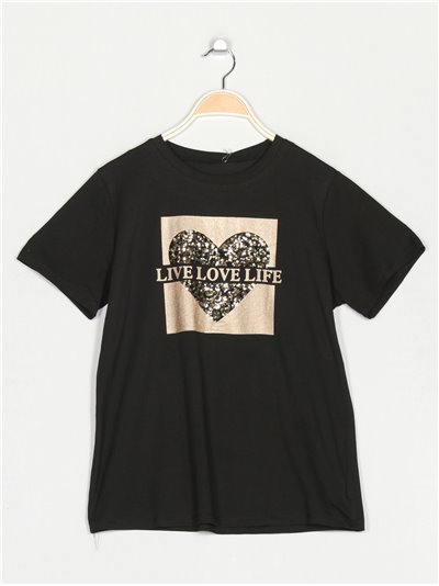 Camiseta corazón lentejuelas negro