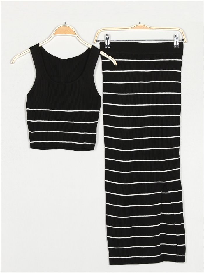 Striped knit top + skirt 2 sets negro