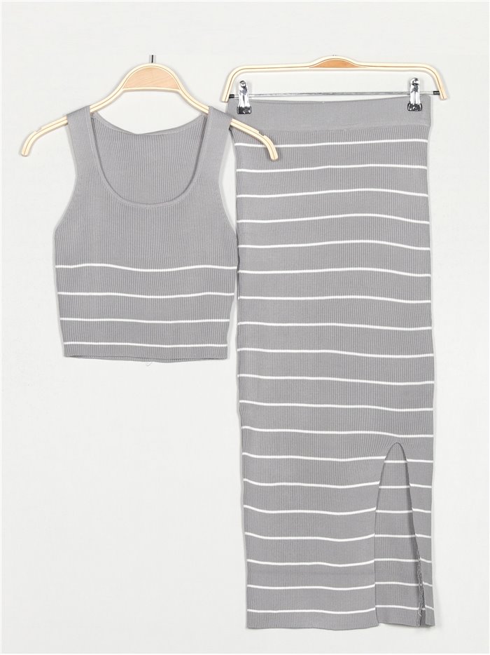 Striped knit top + skirt 2 sets gris