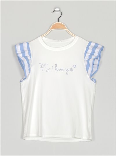 Slogan t-shirt with ruffle trims azul