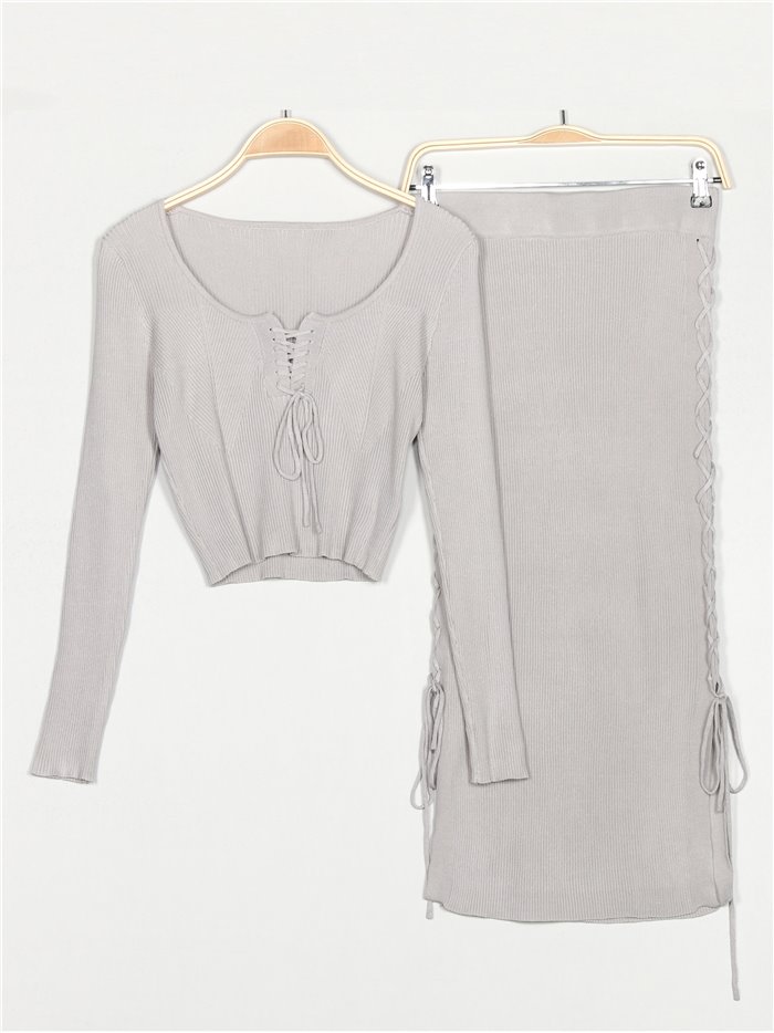 Lace up knit top + midi skirt 2 sets gris