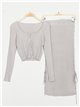 Lace up knit top + midi skirt 2 sets gris